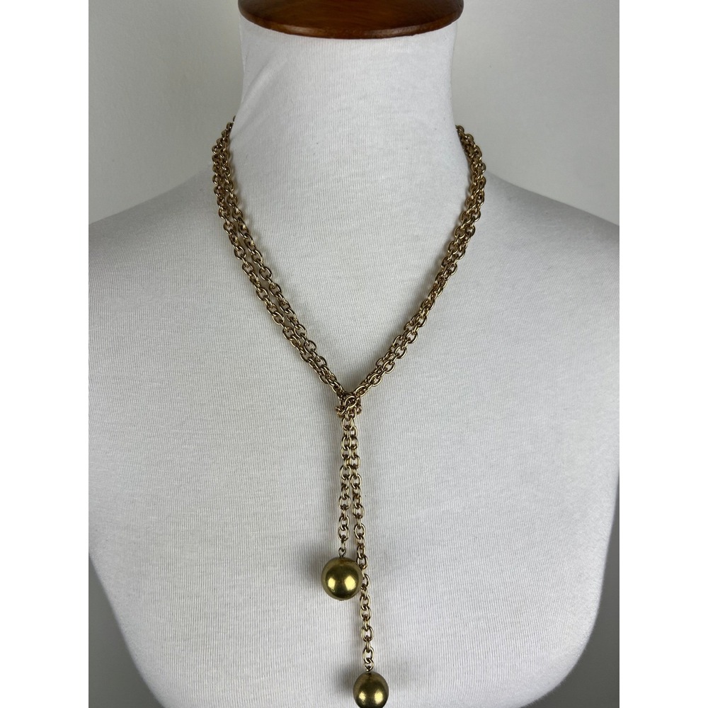 Ann Taylor Gold Tone Lariat Necklace Double Chain Ball Drop NWT OS